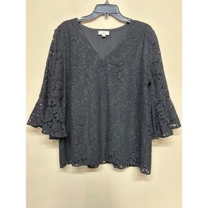 LOFT Outlet Womens XL Black Lace Blouse Bell Sleeve V Neck Lined Dressy Top